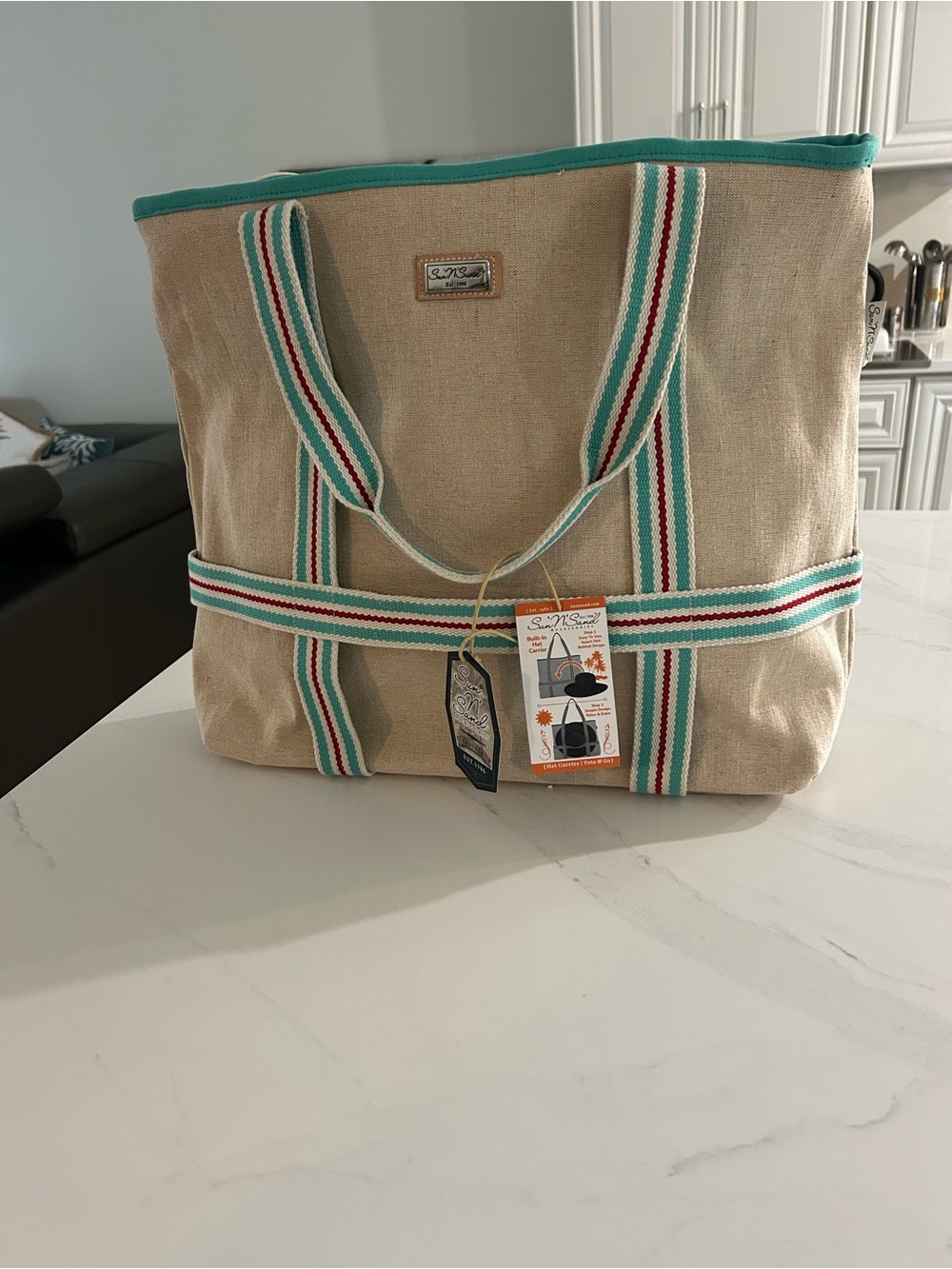 Sun N Sand Beige Canvas Tote with Teal Trim